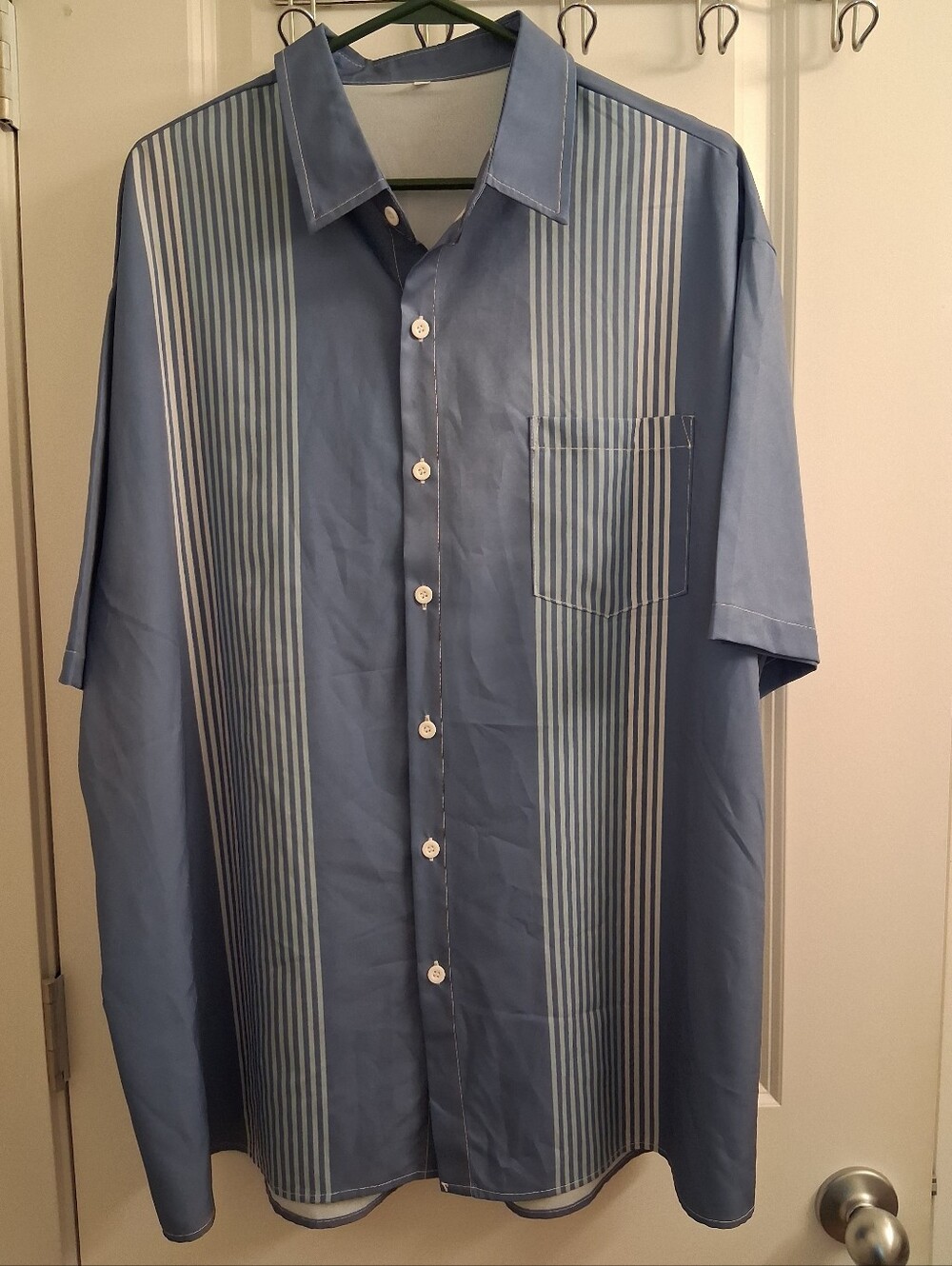 Men's Blue Short-Sleeve Button-Up Shirt with Vertical Stripes